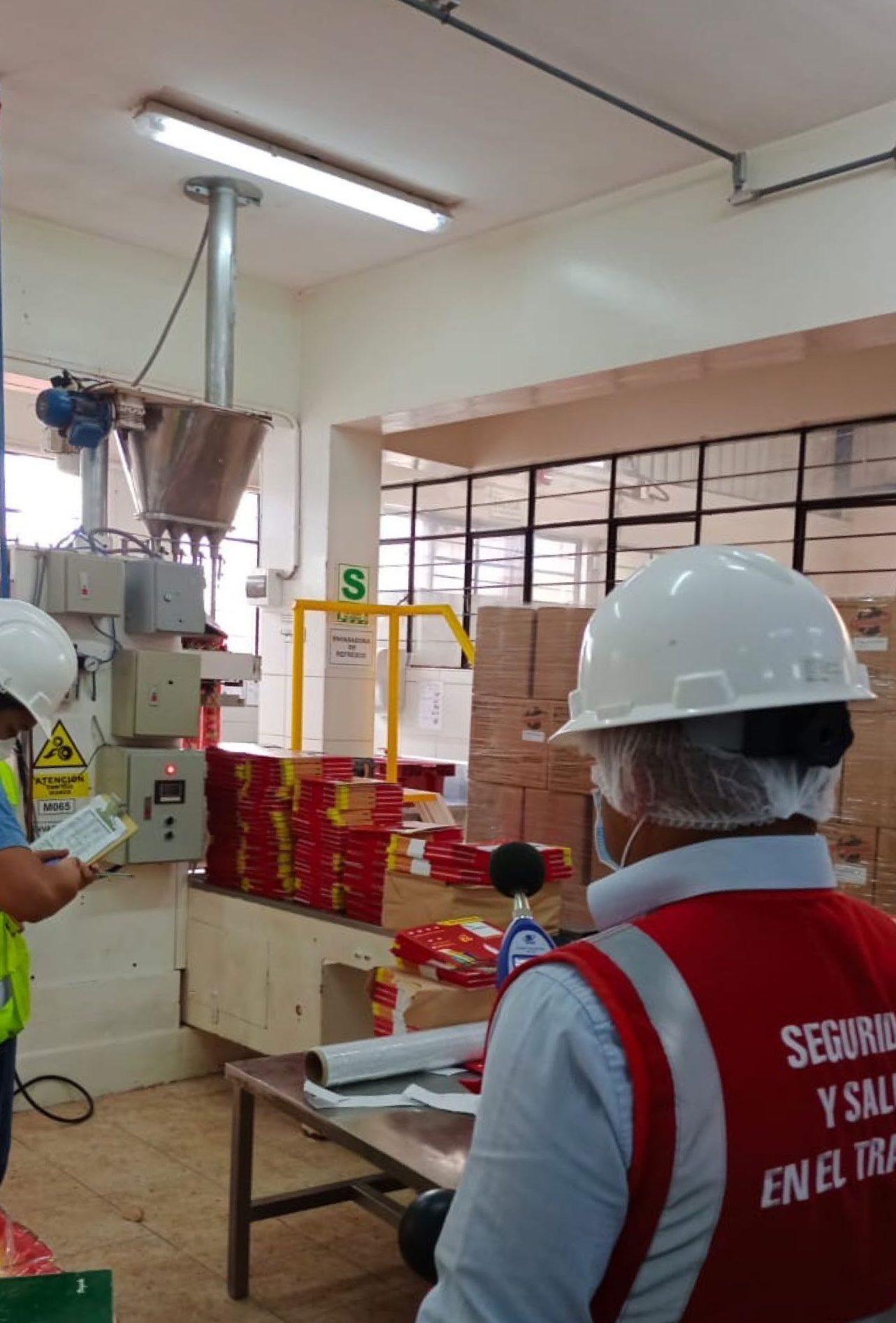 Especialista de IISOHE con chaleco de seguridad y salud en el trabajo supervisando una línea de producción