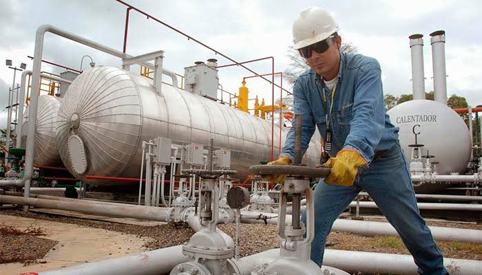 Operario con casco y guantes manipulando una válvula en una planta